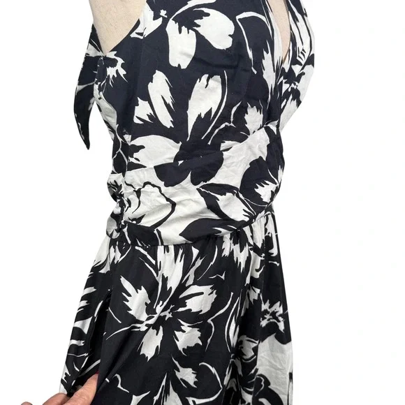 Boston Proper Halter Dress Women 14 Black White Floral Cotton Midi Summer Pocket - Picture 5 of 10